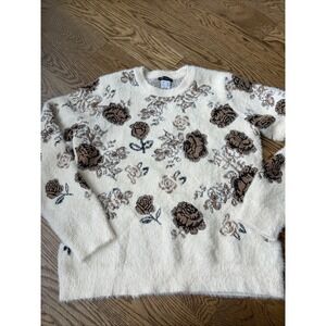 Venus Floral Sweater Fuzzy Women's Knit Cream Cozy M